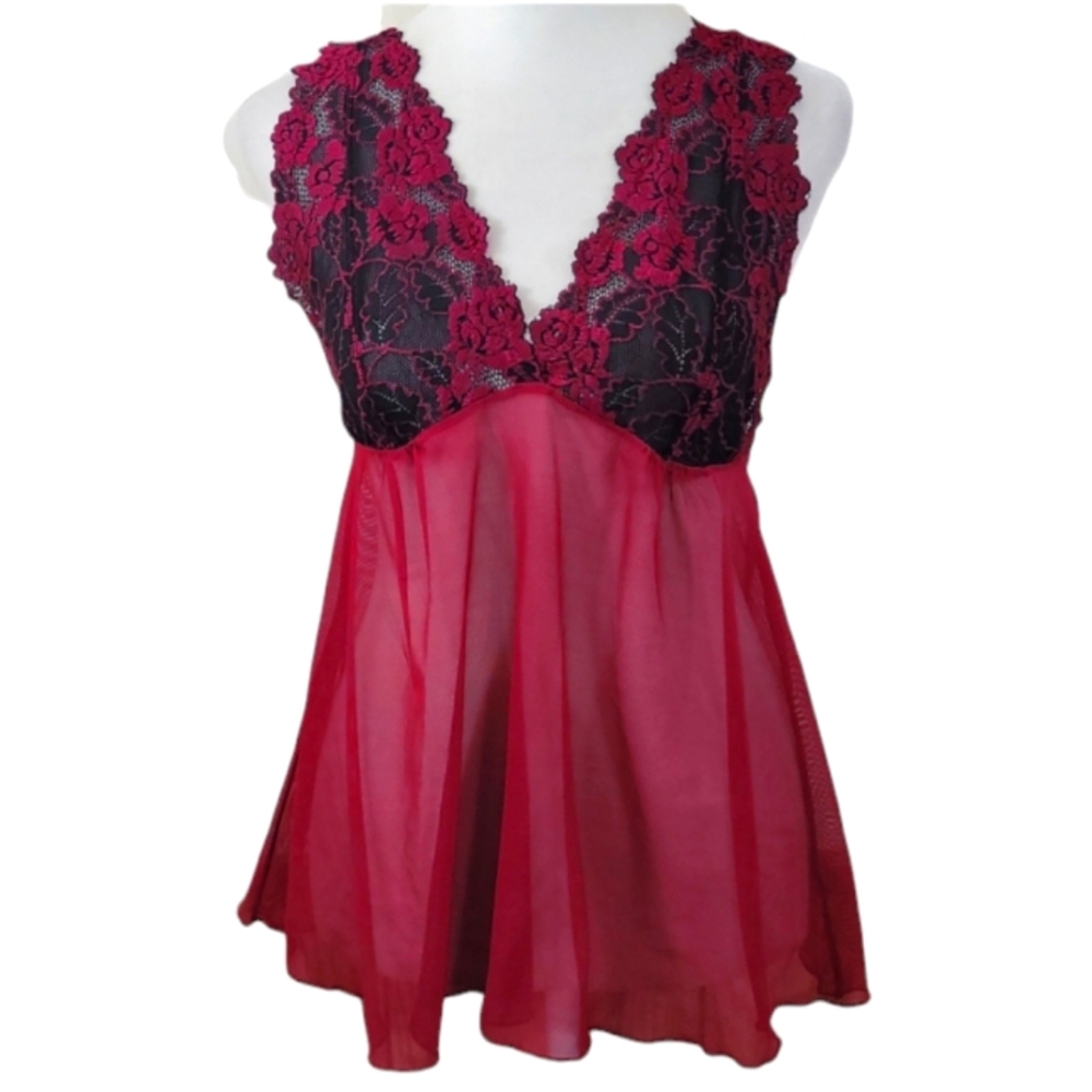 PINK Kmart Vintage Tulle Babydoll Nightie Burgundy Scalloped Floral Lace Sz L